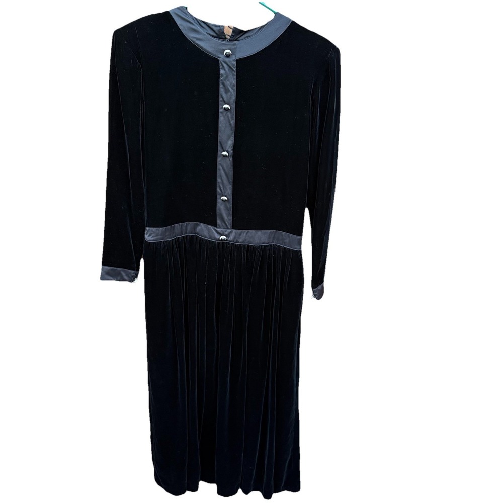 Vtg 1980s Flora Kung Velvet Silk Modest‎ Drop Waist Long Sleeve Dress Pockets 6